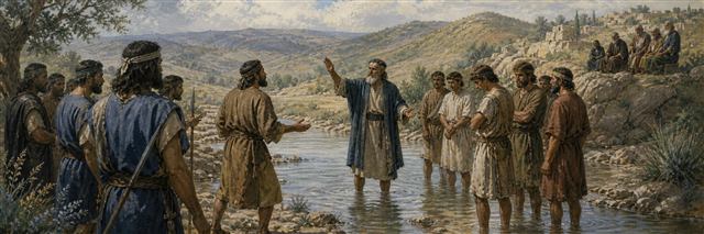 Two Israelite groups confronting one another across a Jordan River ford