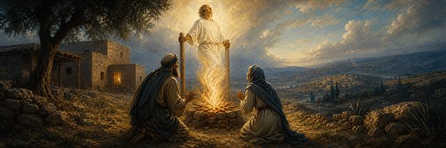 Manoah and his wife watching a messenger rise in an altar flame