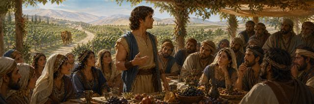 Samson near Timnah vineyards with an uneasy wedding feast in the distance