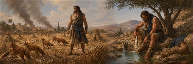 Samson standing near smoking fields and a spring with a lowered jawbone