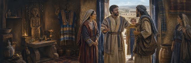 Micah welcoming a Levite beside household idols and priestly garments