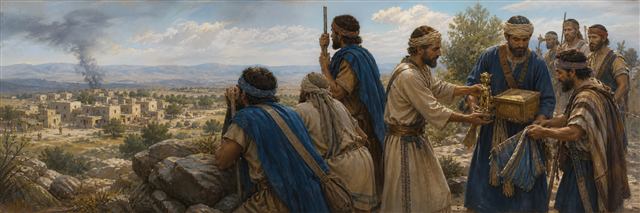 Danite scouts overlooking Laish as men carry away Micah’s shrine objects