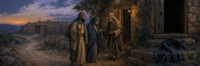 A Levite and his companion waiting at Gibeah’s gate as an elderly man welcomes them