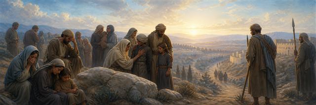 Israelites mourning at Bethel as Benjamin’s surviving families return at dawn