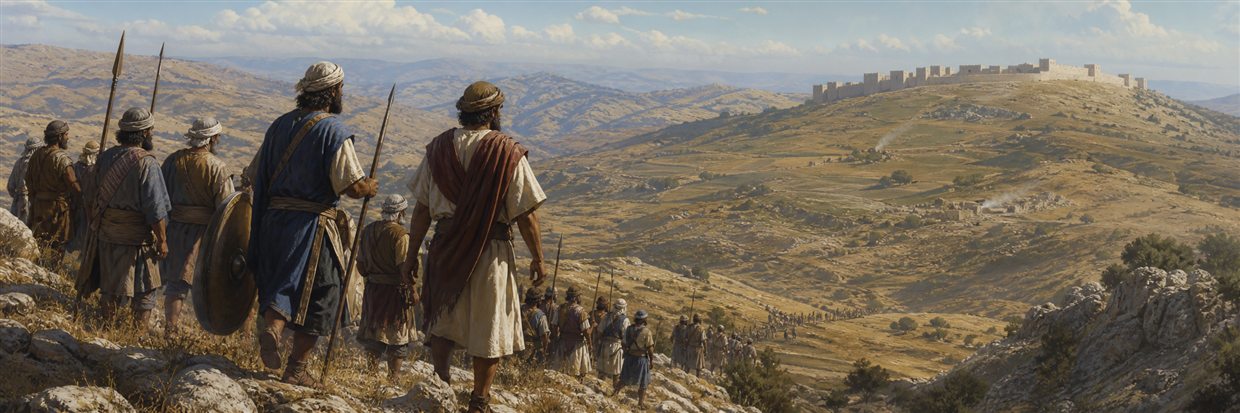 Judah and Simeon entering hill country with fortified cities in the distance