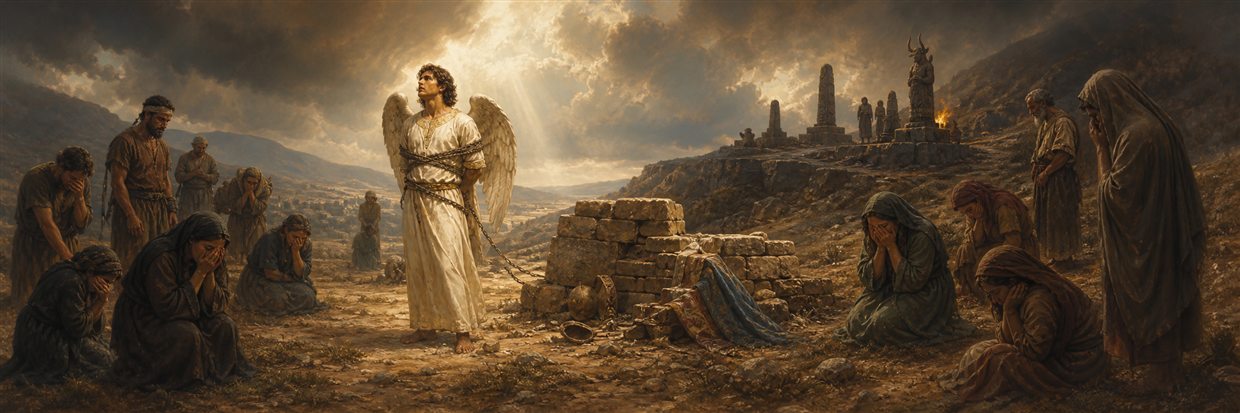 A messenger addressing the weeping Israelites at Bochim near an abandoned altar