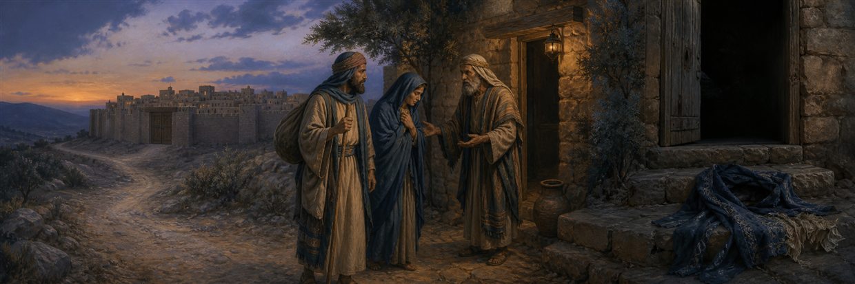 A Levite and his companion waiting at Gibeah’s gate as an elderly man welcomes them
