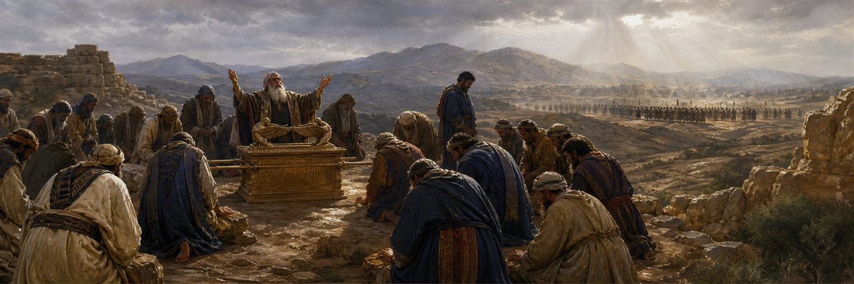 Israelites praying before the ark as opposing tribal forces wait in distant hills