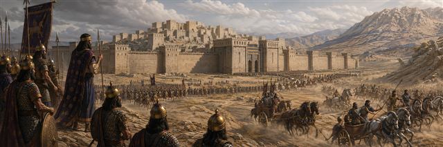 Nebuchadnezzar's army advances before the immense fortified walls of Ecbatana as opposing chariots retreat