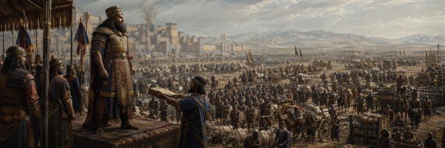 Holofernes surveys a vast Assyrian army of soldiers, horsemen, chariots, camels, and supply wagons