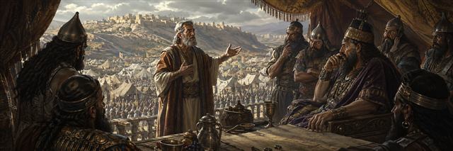 Achior stands before Holofernes and hostile commanders as he warns them about Israel's covenant God