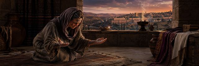 Judith kneels in sackcloth and ash, praying for God to defend the weak and guide her words