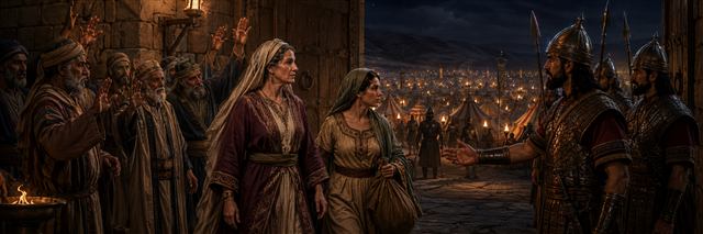 Judith and her maid leave Bethulia at night as Assyrian sentries approach from the vast torchlit camp