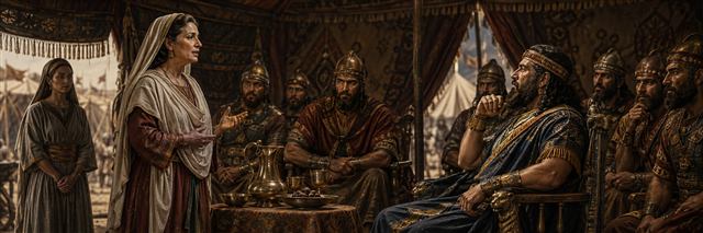 Judith speaks with composed wisdom before Holofernes as his commanders listen inside the Assyrian tent