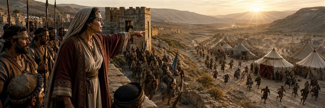 Judith directs Bethulia's defenders at dawn while confusion spreads through the Assyrian camp below