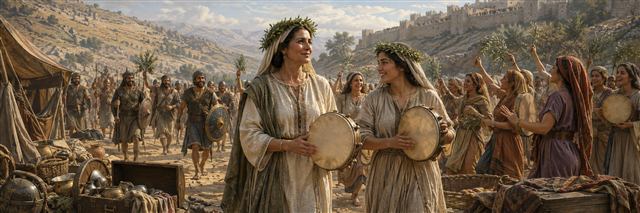 Judith and her maid lead women with olive branches and drums as Israel celebrates beside the abandoned camp