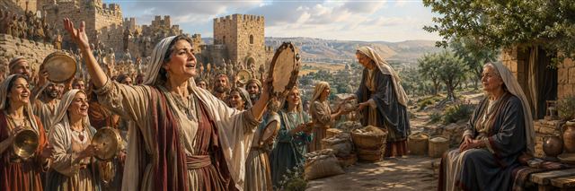 Judith leads Israel in thanksgiving with timbrels as a peaceful scene recalls her later generosity and honor
