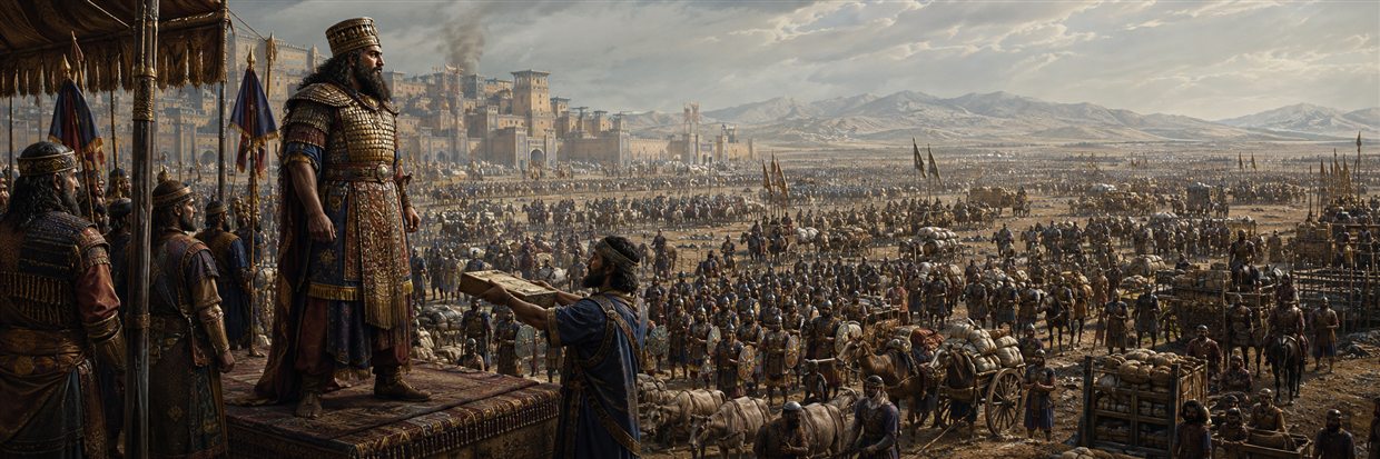 Holofernes surveys a vast Assyrian army of soldiers, horsemen, chariots, camels, and supply wagons