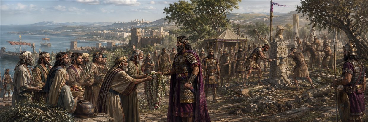 Coastal ambassadors welcome Holofernes with garlands while his soldiers occupy their city and destroy sacred groves