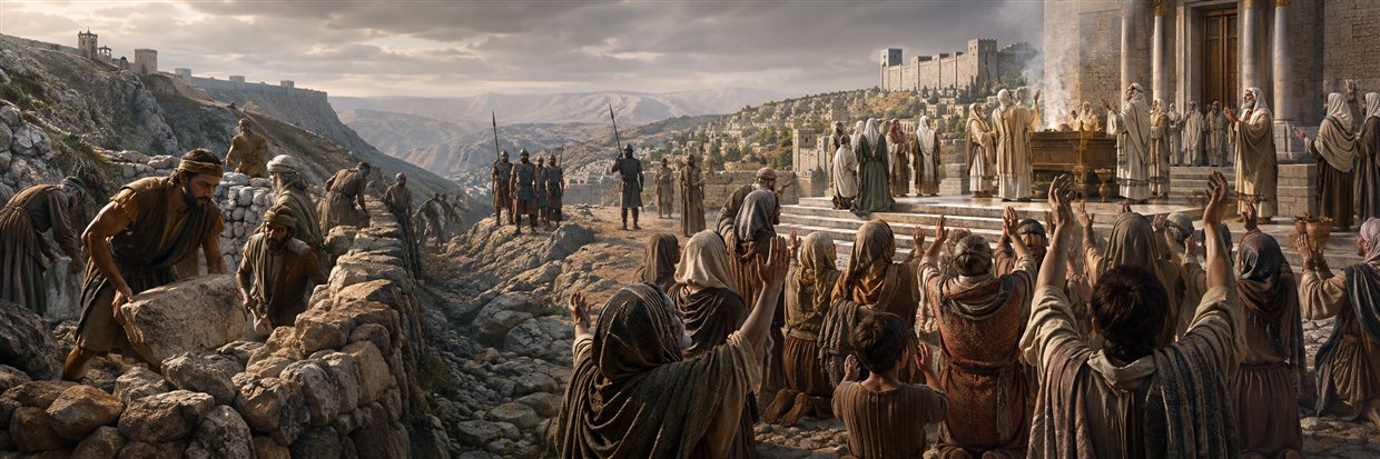 Israelites fortify the hill-country passes while priests in sackcloth and gathered families pray for mercy