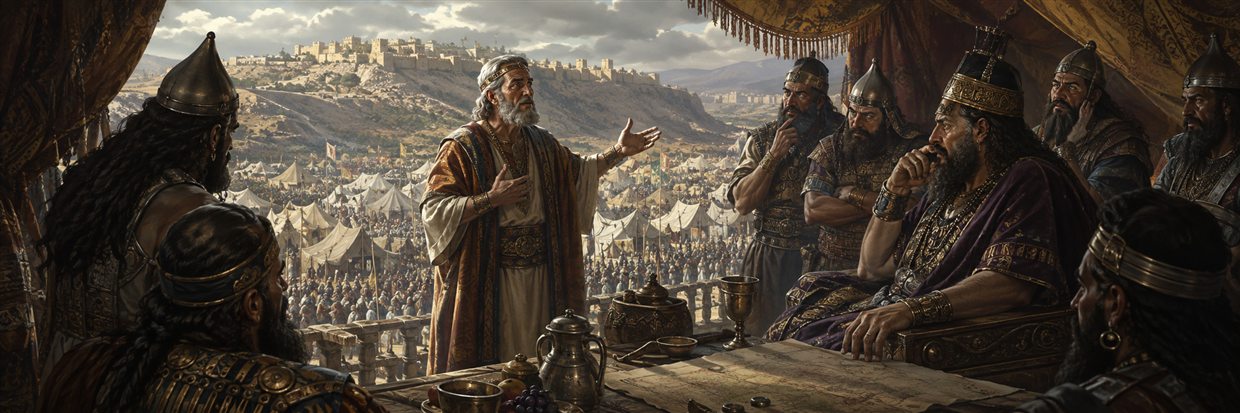 Achior stands before Holofernes and hostile commanders as he warns them about Israel's covenant God