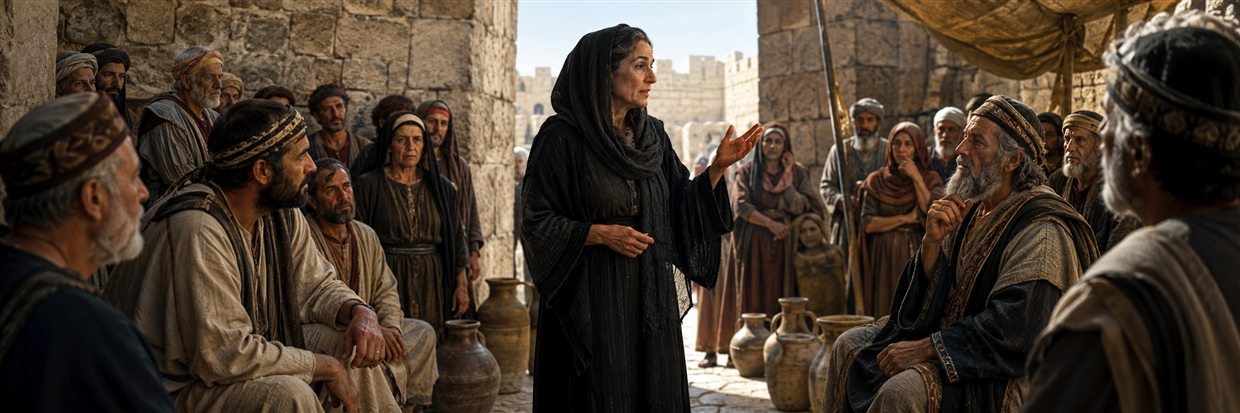 The widow Judith speaks with calm authority to Bethulia's elders amid anxious citizens and empty water jars