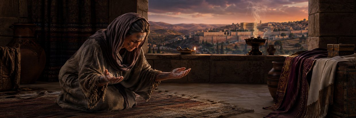 Judith kneels in sackcloth and ash, praying for God to defend the weak and guide her words