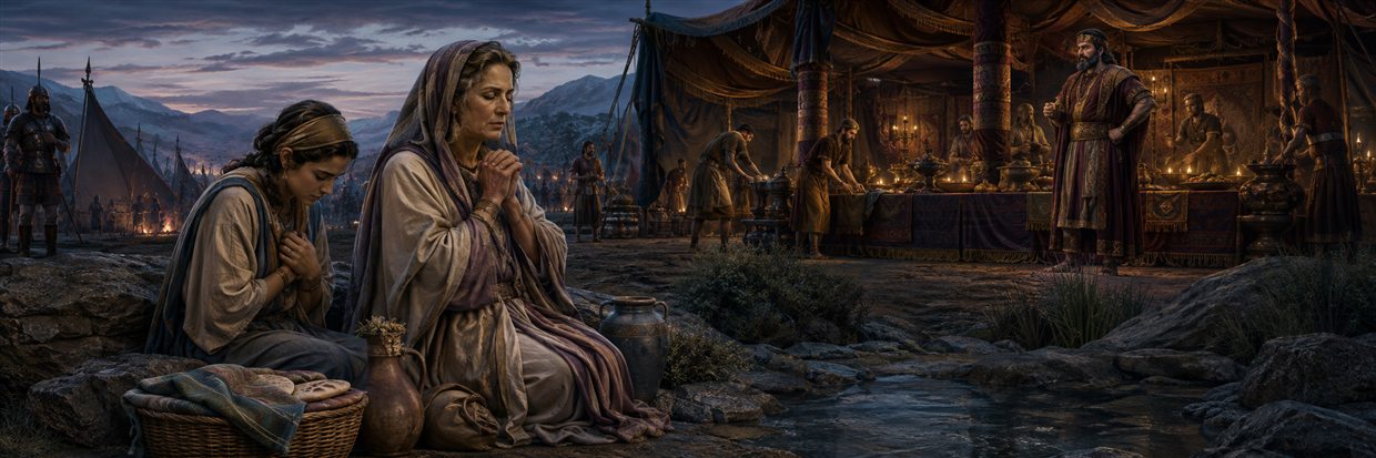 Judith and her maid pray beside a spring outside the camp while Holofernes's banquet is prepared nearby