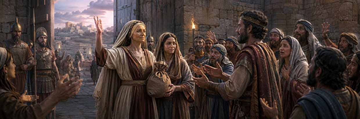 Judith and her maid return through Bethulia's gate as guards and townspeople gather in astonished relief