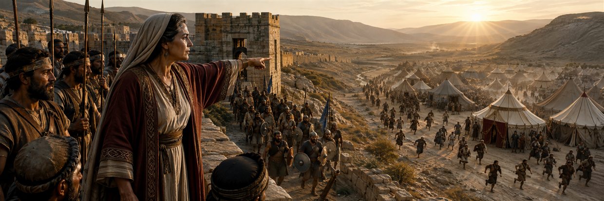 Judith directs Bethulia's defenders at dawn while confusion spreads through the Assyrian camp below