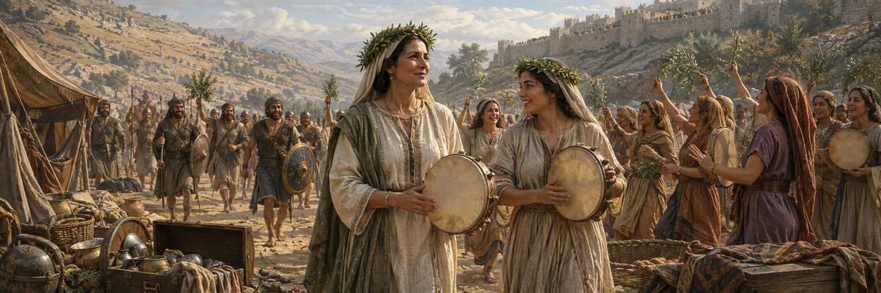 Judith and her maid lead women with olive branches and drums as Israel celebrates beside the abandoned camp