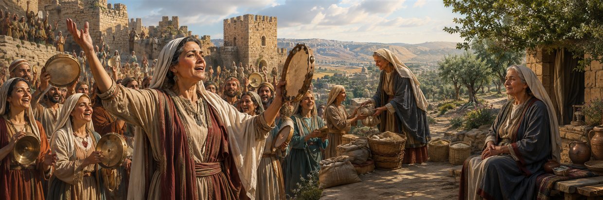 Judith leads Israel in thanksgiving with timbrels as a peaceful scene recalls her later generosity and honor