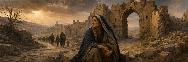 A grieving woman sits beside Jerusalem's ruined gate as a distant procession of exiles leaves the empty city