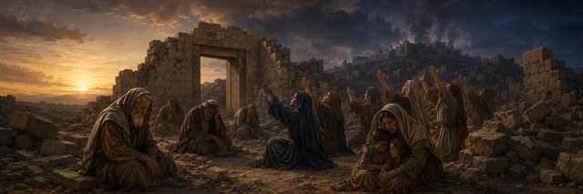 Elders, women, and sheltered children grieve and raise their hands in prayer among Jerusalem's ruined walls