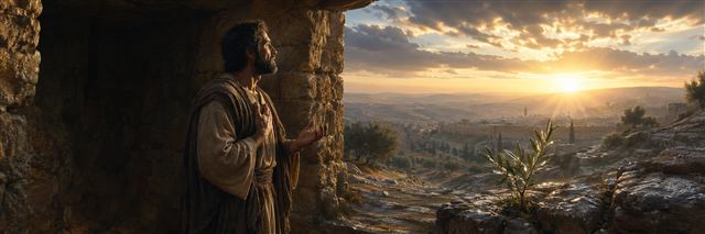 An afflicted man stands at a dark stone opening and turns toward dawn light and a young olive shoot