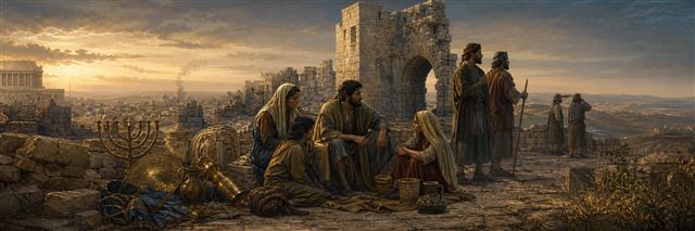 Humbled families gather among scattered sanctuary stones and dimmed gold vessels while watchmen scan the horizon