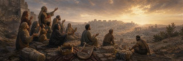 Widows, children, elders, and laborers pray over desolate Zion beside a fallen crown and silent lyre
