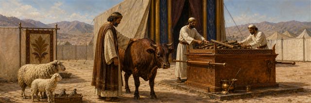 A worshiper presenting an unblemished bull as priests prepare the bronze altar