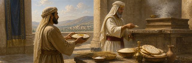 A worshiper presenting fine flour, oil, and frankincense as a priest tends the altar
