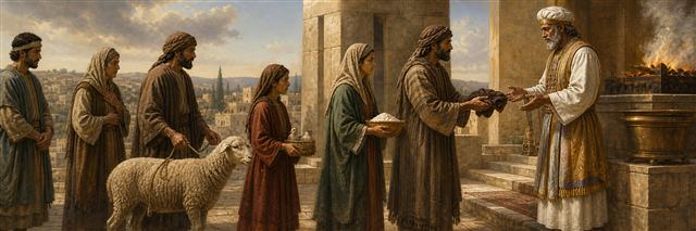 Israelites bringing varied offerings and restoring property as a priest receives them