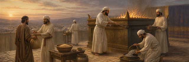Priests tending the continual altar fire as an Israelite restores property