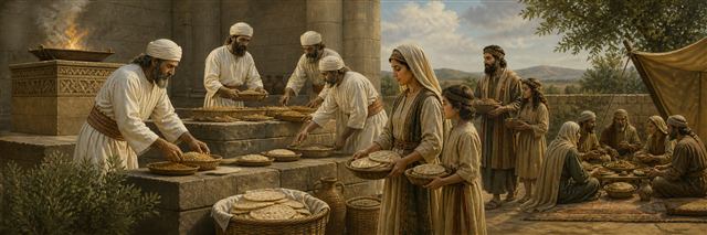 Priests arranging offering portions beside a family’s thanksgiving meal