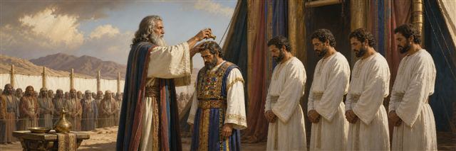 Moses consecrating Aaron with Aaron’s four sons before the gathered community