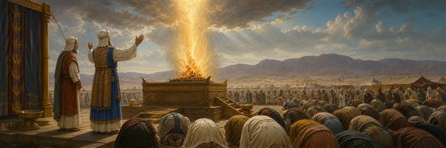 Aaron blessing the people as radiant fire descends upon the altar