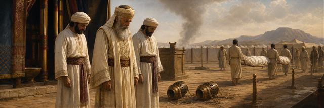 Aaron and his sons standing solemnly as attendants carry wrapped bodies beyond the sanctuary