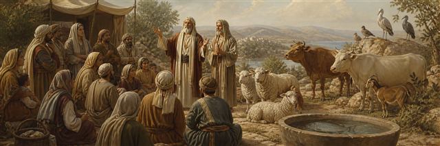 Moses and Aaron teaching Israelite families beside animals, birds, and a fish