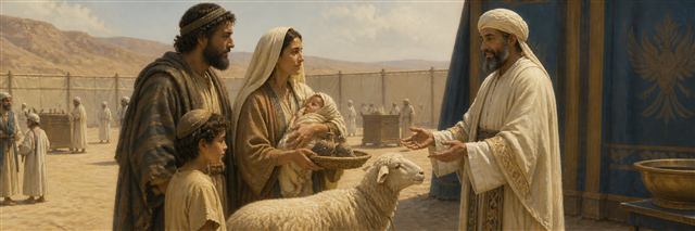 A mother holding her infant while presenting a lamb and birds to a priest
