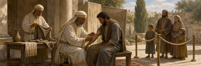 Priests carefully examining a man’s forearm and a folded garment