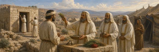 A priest performing a cleansing rite as other priests inspect an emptied stone house
