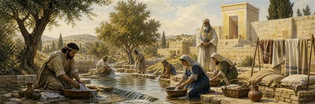 Israelites washing garments and vessels beside flowing water under priestly guidance